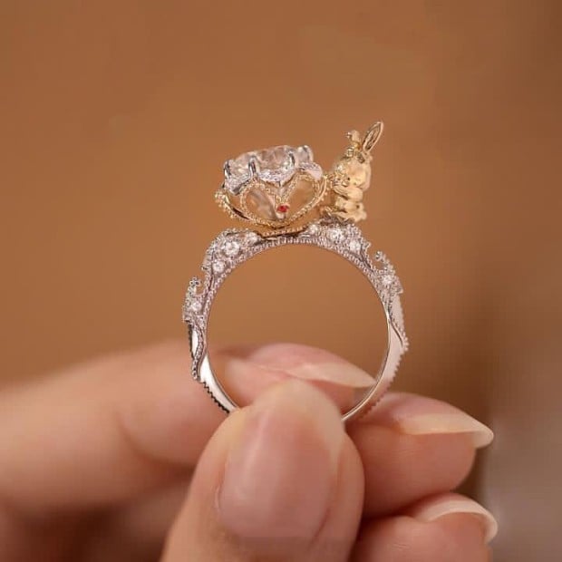 Round Cut Diamond White Bunny Rabbit Engagement Ring in 925 Sterling Silver