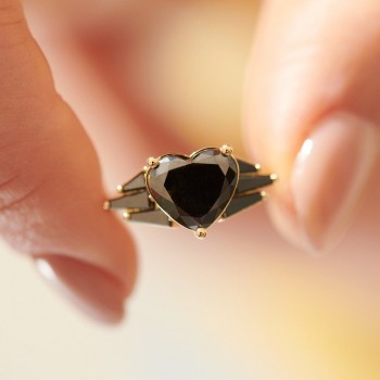 Heart Cut Fancy Black 925 Sterling Silver Yellow Gold Art Deco Engagement Ring