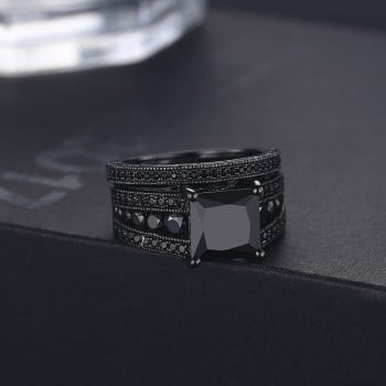 Fancy Black Princess Cut Bridal Sets in Black Sterling Silver