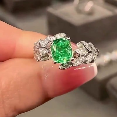 Radiant Cut Emerald Green Art Deco Engagement Ring in 925 Sterling Silver