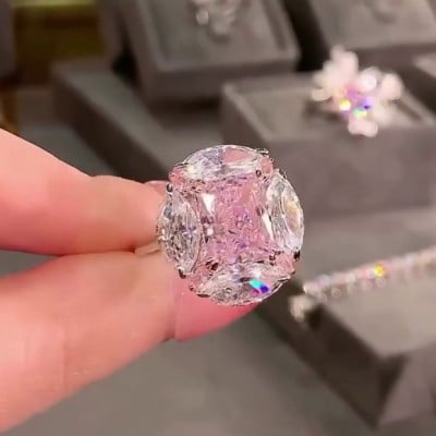 Radiant Cut Fancy Pink Art Deco Engagement Ring in 925 Sterling Silver