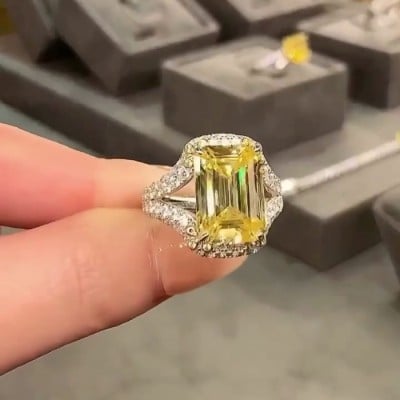 Emerald Cut Citrine Yellow Art Deco 925 Sterling Silver Engagement Ring
