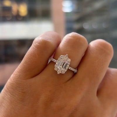 Emerald Cut Diamond White Halo 925 Sterling Silver Engagement Ring