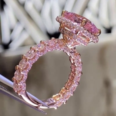Radiant Cut Fancy Pink Halo 925 Sterling Silver Rose Gold Engagement Ring
