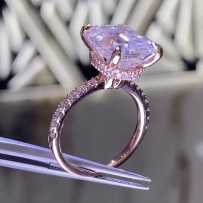 Emerald Cut Diamond White Hidden Halo 925 Sterling Silver Rose Gold Engagement Ring