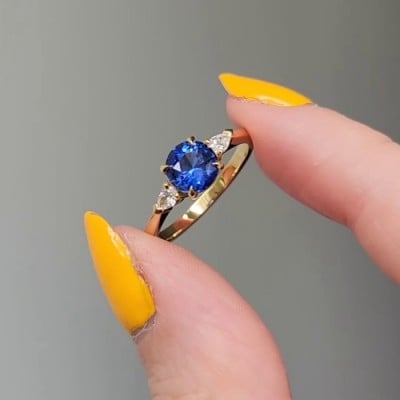 Round Cut Sapphire Blue 925 Sterling Silver Yellow Gold 3-Stone Engagement Ring