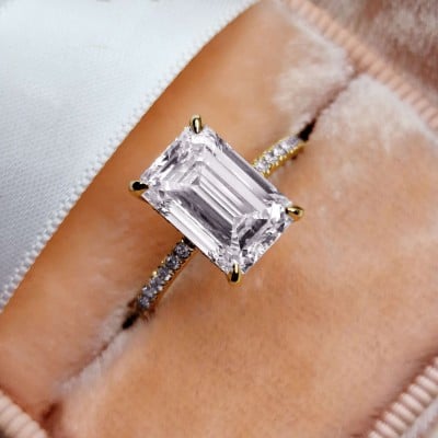 Emerald Cut Diamond White 925 Sterling Silver Yellow Gold Hidden Halo Engagement Ring