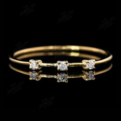 Round Cut Diamond White 925 Sterling Silver Yellow Gold 3-Stone Minimalist Stackable Ring