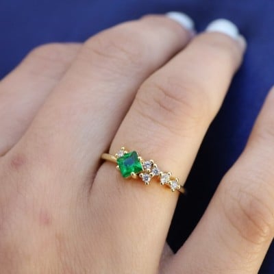 Princess Cut Emerald Green 925 Sterling Silver Yellow Gold Stackable Minimalist Engagement Ring