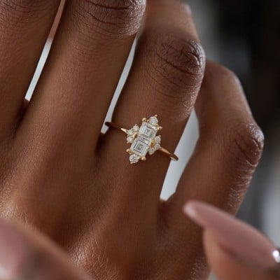 Asscher Cut Diamond White 925 Sterling Silver Yellow Gold Art Deco Engagement Ring