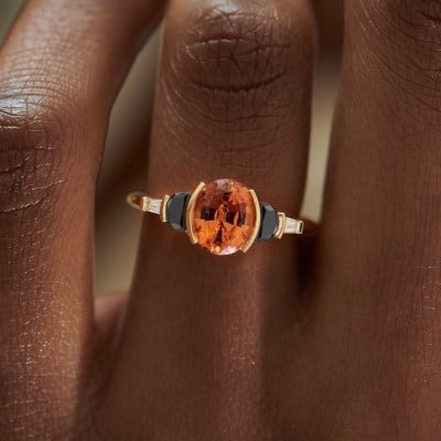 Oval Cut Orange Sapphire 925 Sterling Silver Yellow Gold 3-Stone Engagement Ring