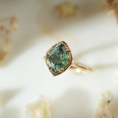 Geo Cut Peridot Green 925 Sterling Silver Yellow Gold Solitaire Engagement Ring