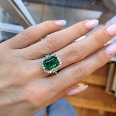 Emerald Cut Emerald Green 925 Sterling Silver Halo Engagement Ring