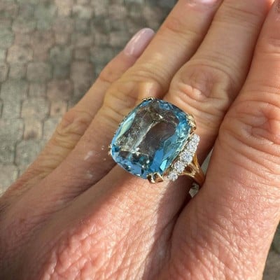 Cushion Cut Aquamarine Sterling Silver Yellow Gold Halo Engagement Ring