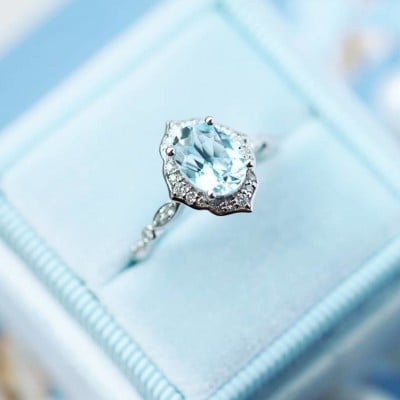 Oval Cut Aquamarine Sterling Silver Halo Engagement Ring