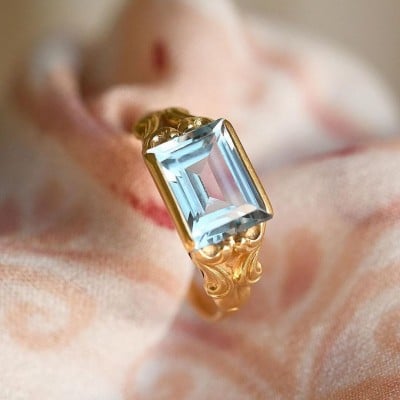 Emerald Cut Aquamarine Sterling Silver Yellow Gold Solitaire Engagement Ring