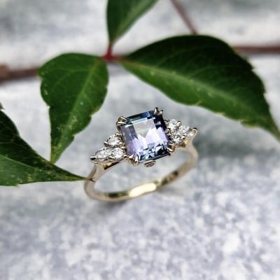 Emerald Cut Amethyst Sterling Silver Yellow Gold Engagement Ring