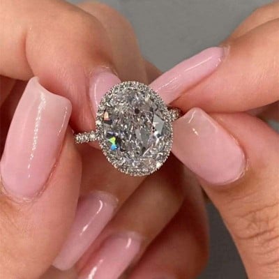 Oval Cut Diamond White Sterling Silver Halo Engagement Ring