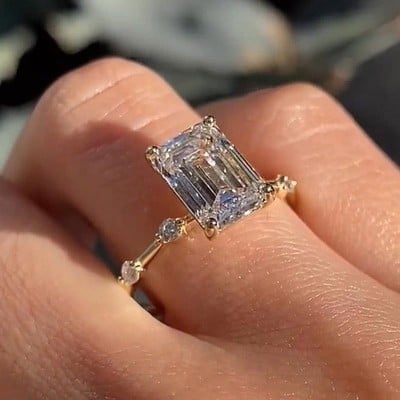 Emerald Cut Diamond White Sterling Silver Yellow Gold Engagement Ring