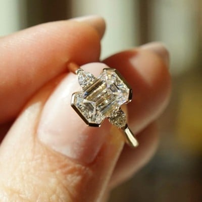 Emerald Cut Diamond White Sterling Silver Yellow Gold 3-Stone Engagement Ring