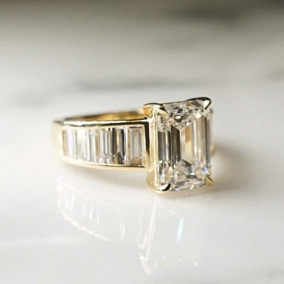 Emerald Cut Diamond White Sterling Silver Yellow Gold Engagement Ring