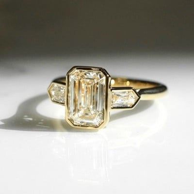 Emerald Cut Diamond White Sterling Silver Yellow Gold 3-Stone Engagement Ring