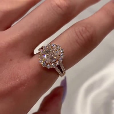 Oval Cut Diamond White Sterling Silver Rose Gold Halo Engagement Ring