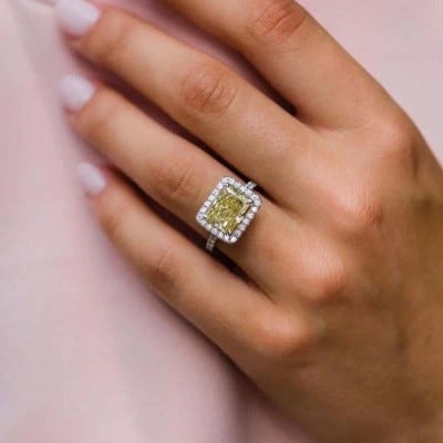 Radiant Cut Citrine Yellow Sterling Silver Halo Engagement Ring