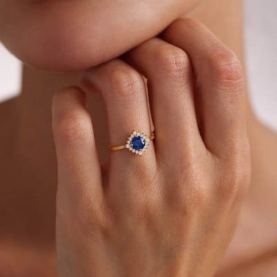 Round Cut Sapphire Blue Sterling Silver Yellow Gold Halo Engagement Ring