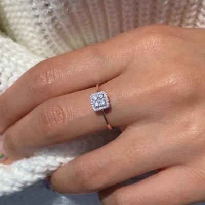 Round Cut Diamond White Sterling Silver Rose Gold Halo Engagement Ring