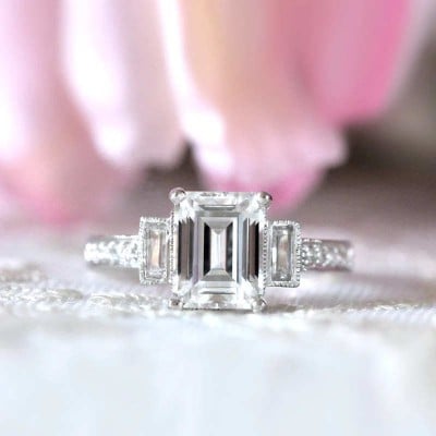 Emerald Cut Diamond White Sterling Silver 3-Stone Engagement Ring