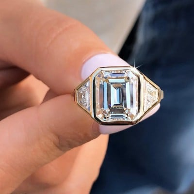 Emerald Cut Diamond White Sterling Silver Yellow Gold 3-Stone Engagement Ring