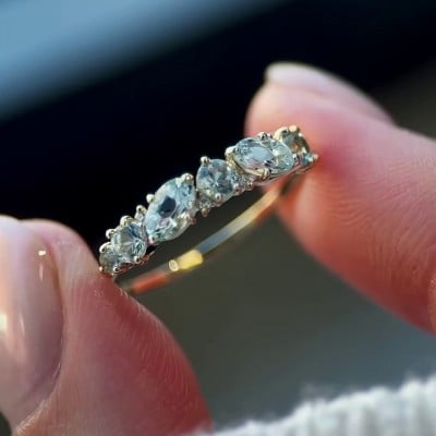 Marquise Cut Aquamarine Blue Sterling Silver Yellow Gold Engagement Ring