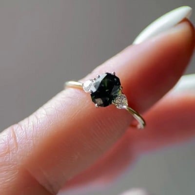 Oval Cut Emerald Green Sterling Silver Yellow Gold 3-Stone Engagement Ring