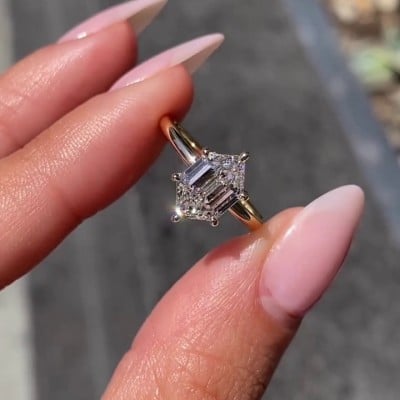 Hexagon Cut Diamond White Sterling Silver Yellow Gold Solitaire Engagement Ring