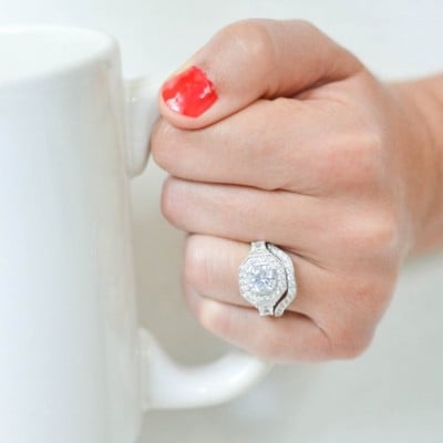 Round Cut Diamond White Halo 3-Stone 925 Sterling Silver Ring Set