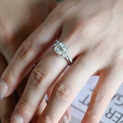 Emerald Cut Diamond White Classic 3-Stone 925 Sterling Silver Ring Set