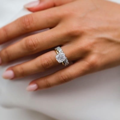 Cushion Cut Diamond White Solitaire Yellow Gold 925 Sterling Silver Ring Set