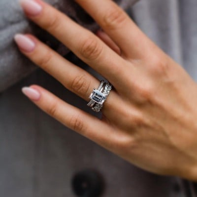 Emerald Cut Diamond White Solitaire 3-Piece 925 Sterling Silver Ring Set