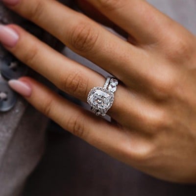 Cushion Cut Diamond White Halo 925 Sterling Silver Ring Set
