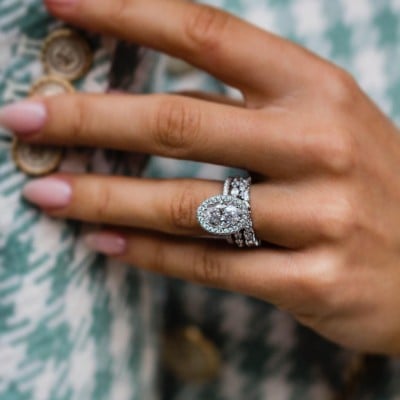 Oval Cut Diamond White Halo 3-Piece 925 Sterling Silver Ring Set