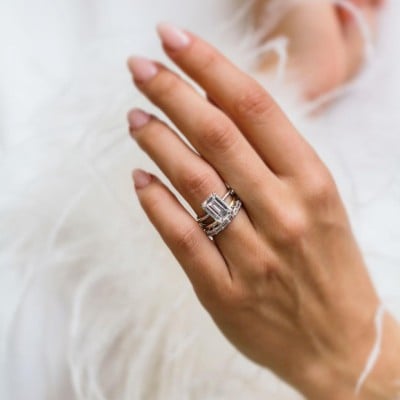 Emerald Cut Diamond White Solitaire 3-Piece 925 Sterling Silver Ring Set