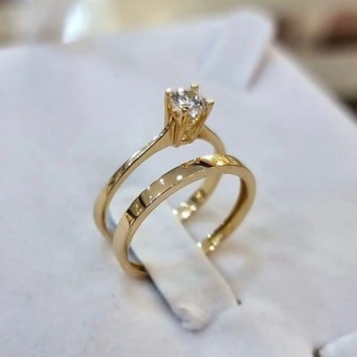 Round Cut Diamond White Solitaire Yellow Gold 925 Sterling Silver Ring Set