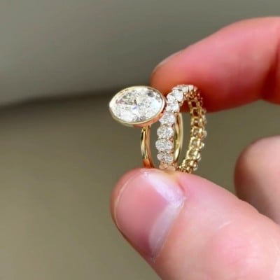 Oval Cut Diamond White Solitaire Yellow Gold 925 Sterling Silver Ring Set