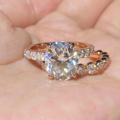 Oval Cut Diamond White Classic Rose Gold 925 Sterling Silver Ring Set