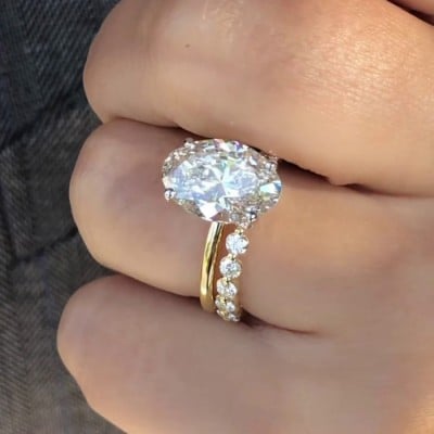 Oval Cut Diamond White 925 Sterling Silver Yellow Gold Hidden Halo Ring Set