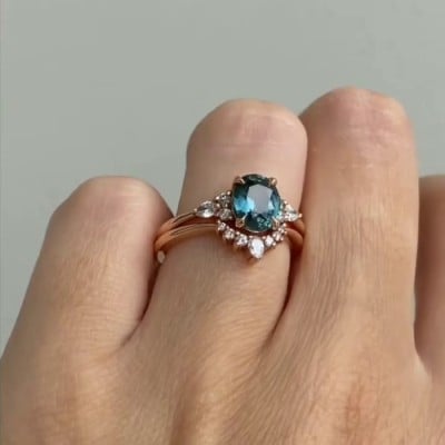 Oval Cut 925 Sterling Silver Rose Gold Classic Ring Set