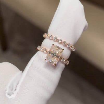 Radiant Cut Diamond White Hidden Halo 925 Sterling Silver Rose Gold Ring Set