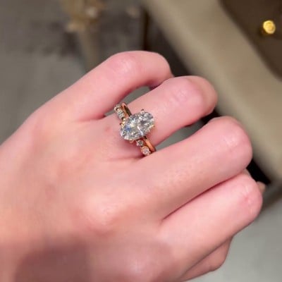 Oval Cut Diamond White Hidden Halo 925 Sterling Silver Yellow Gold Ring Set