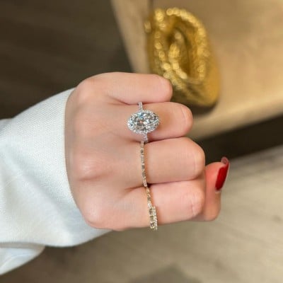 Oval Cut Diamond White Halo 925 Sterling Silver Yellow Gold 3-Piece Ring Set